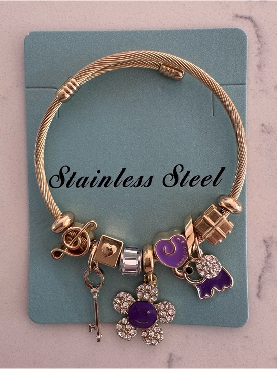 Boutique Jewelry - Gold Stainless Steel Cable Charm Bracelet Purple Elephant Key Flower NWOT